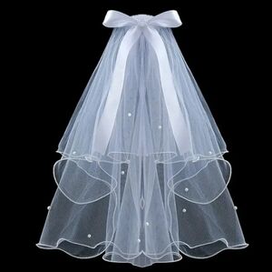 🆕 Bridal Veil 2 Tiers with Pearls Ribbon Comb Wedding Headdress Curly Ends